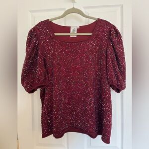 NWOT, Queen of Sparkles Crimson All-Over Rhinestone Puff Sleeve Top, Size XL